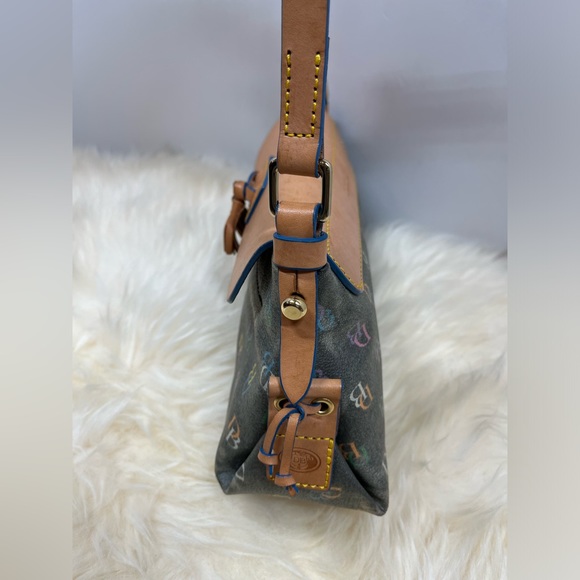 Dooney & Bourke “ Vintage It Bag” Leather Baguette Rainbow Monogram Blue Trim - Picture 8 of 17